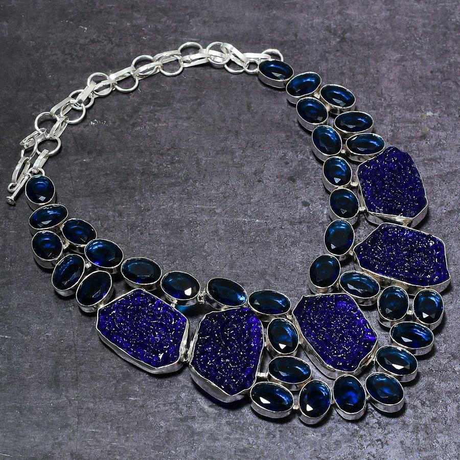 Natural Blue Moldavite, Iolite 925 Sterling Silver Jewelry Necklace 18" s8l59