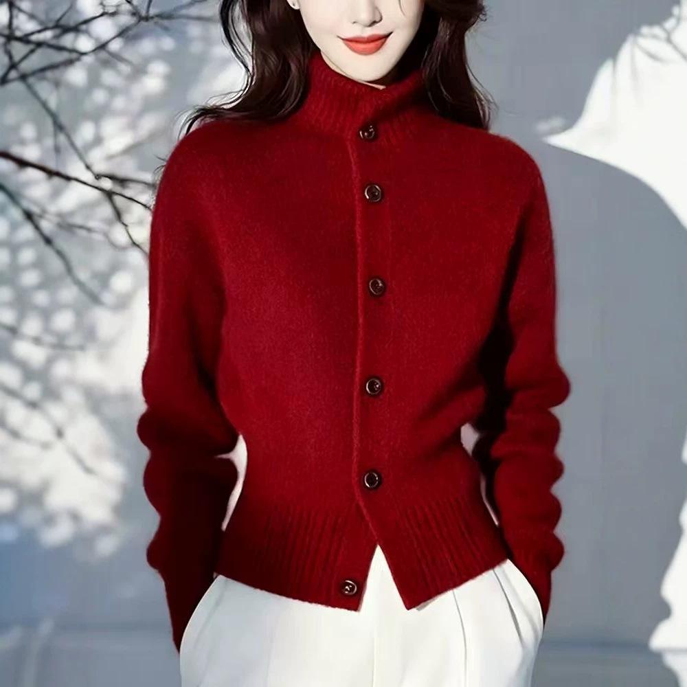 2026 Stylish Red Long Sleeve Knit Turtleneck Cardigan for Women - Autumn/Winter Fashion.