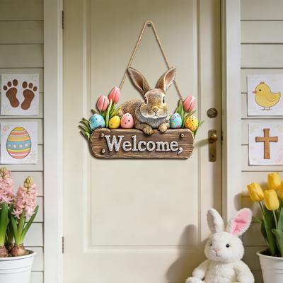 Easter Bunny Welcome Door Sign, Welcome Sign for Front Door, Cute Wooden Rabbit Hanging Plaque, Farmhouse Front Porch Sign for Spring Shop Home