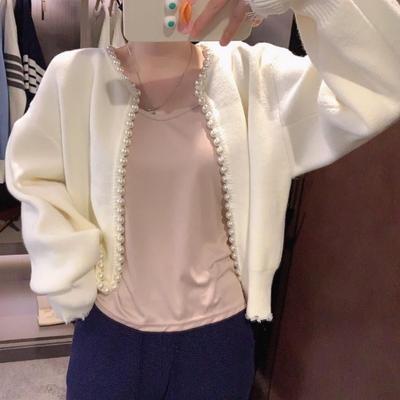 Early Spring Pearl Knitted Cardigan for Socialite Loose Fitting Short Sweater Jacket for Women