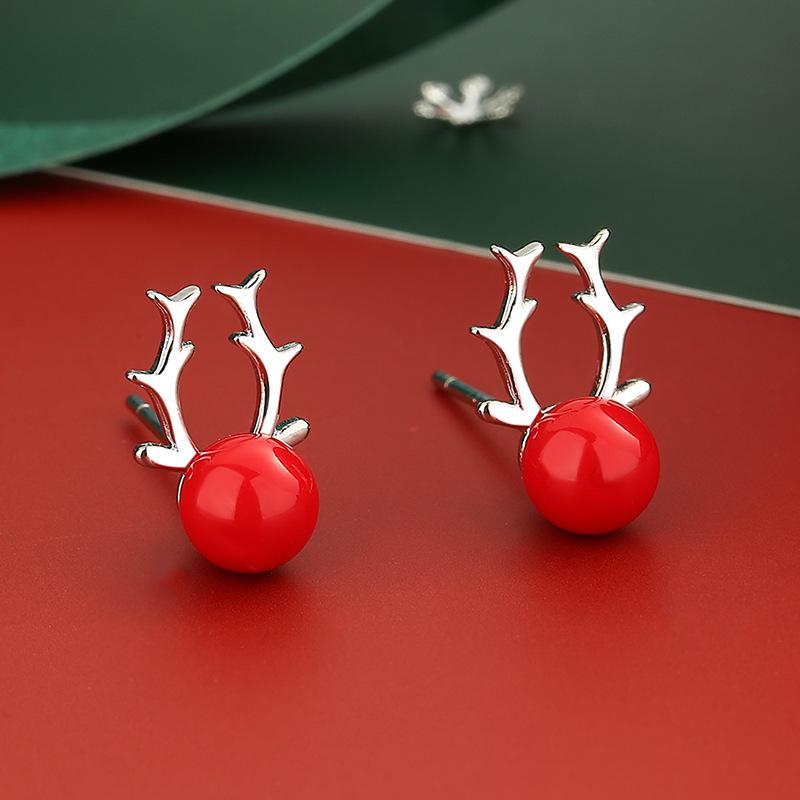 S925 Sterling Silver Reindeer Snowflake Red Earrings - Christmas Series Studs for Women