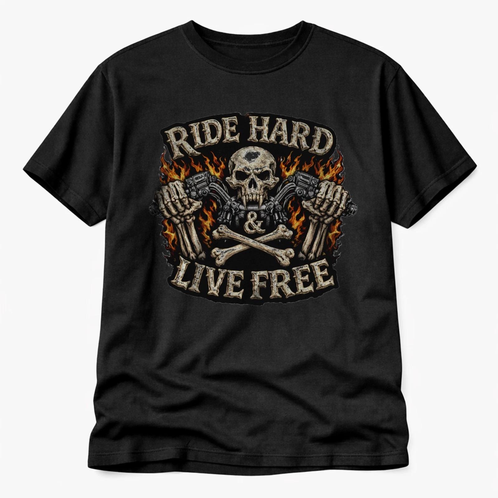 Biker Motorcycle T-Shirt – Ride Hard Live Free Skull Graphic Tee XL