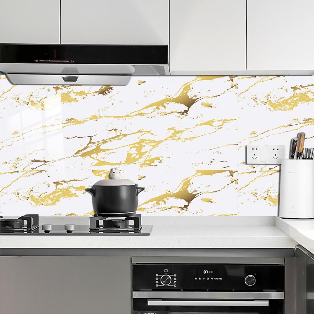 10pcs White and Gold Marble Tile Sticker Kitchen Backsplash Oil-proof Bathroom Home Decor Wall Decals Peel Stick Art Mural