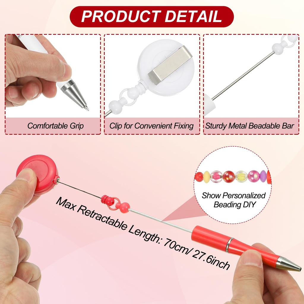 PATIKIL 10pcs Beaded Pens Retractable Badge Reel Beaded Pens Bulk Beaded Ballpoint Pens Black Ink for DIY Making Office Worker Waitress Writing