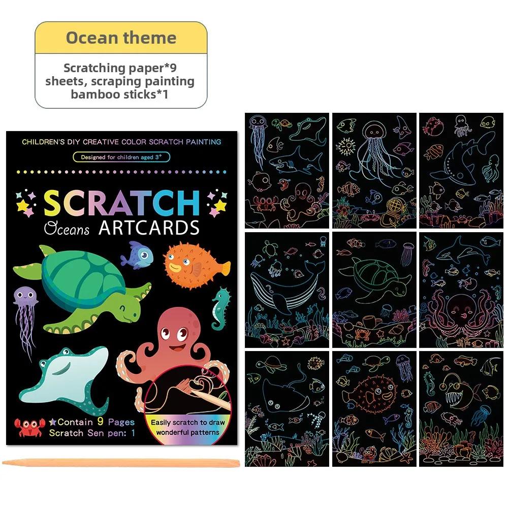 Kit de Tarjetas de Papel para Pintar Scratch Art de Color Arcoíris Mágico de 9 Piezas/set Tablero de Dibujo de Animales de Dibujos Animados Juguetes de Dibujo Juguete Educativo DIY