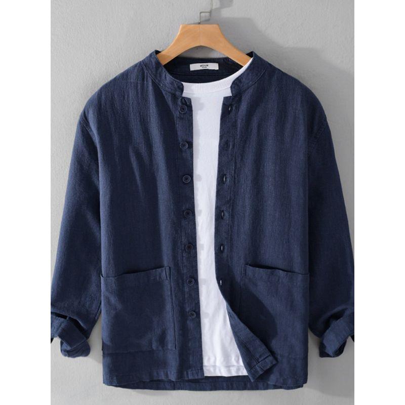 Spring and Autumn Japanese Style Vintage Long Sleeve Shirt Men Cotton and Linen Chinese Style Stand Collar Loose Casual Overshirt Chinese Style