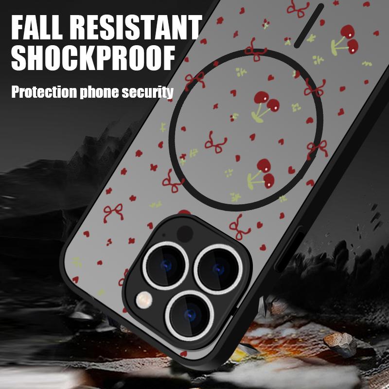 Translucent Matte Phone Case For iPhone 16 15 Pro 14 13 Pro Max 16e For Magsafe Shockproof Red Cherry Printed Hard Back Cover