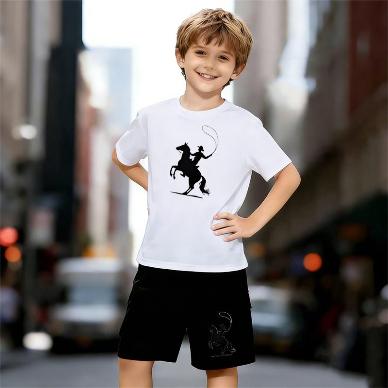 

Boys 2 Piece Western Cowboy Print Outfit, Short Sleeve T-Shirt and Shorts Set for Kids Age 5-14, Black and White Sporty Casual Summer Clothes 13-14 Years білий