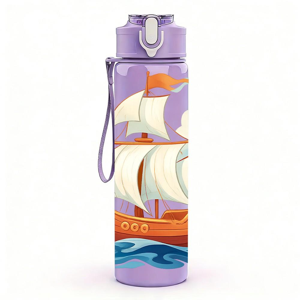 1PC Old Fashion Sailboat Ocean Pattern 750ml Color Plastic Sports Water Bottle Leakproof Flip Straw Lid Suitable for Sports Office Home Use