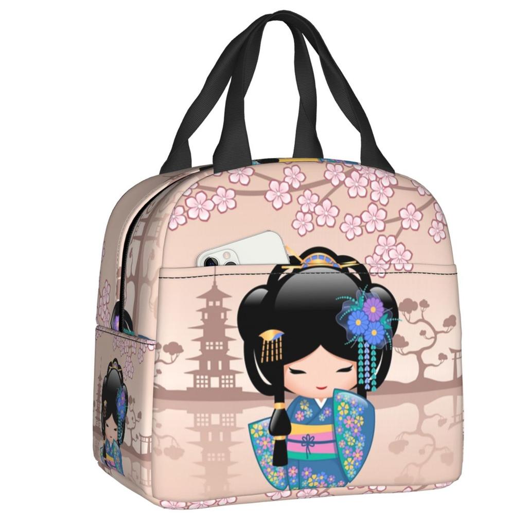 Custom Japanese Girl Sakura Kokeshi Doll Lunch Bag Men Women Warm Cooler Insulated Lunch Box for Kids School Children
