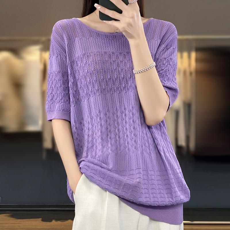 Neck Hollow Hook Flower Ice Silk Knitted Short-sleeved T-shirt for Women with Pullover Sexy Slightly Clear Comfortable Fit Bottoming Half-sleeved Top