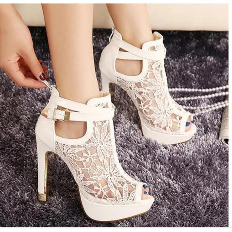 Sexy Mesh Fabric Platform High Heels Boots Sandals Women Peep Toe Nightclub Party Stiletto Female Shoes