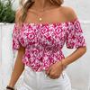 Women's Fashion Casual Summer Spring Flower Pattern Print Short Sleeve One Shoulder Blouses & Shirts