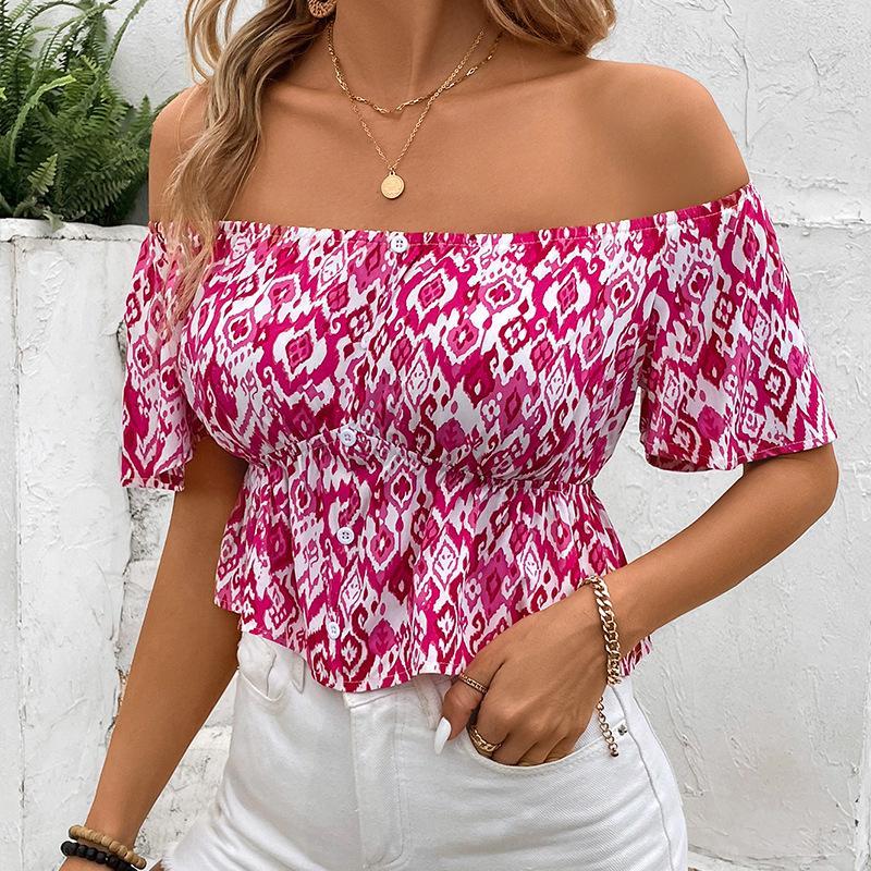 Women's Fashion Casual Summer Spring Flower Pattern Print Short Sleeve One Shoulder Blouses & Shirts