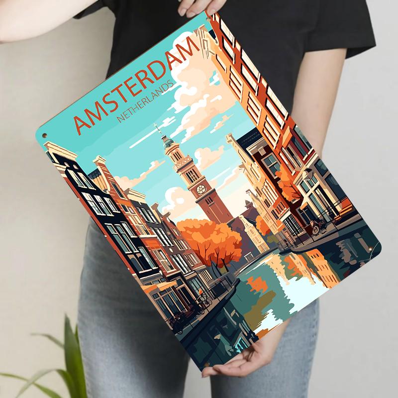 Amsterdam Canal View Metal Wall Art Dutch Cityscape Decorative Painting for Living Room Bedroom