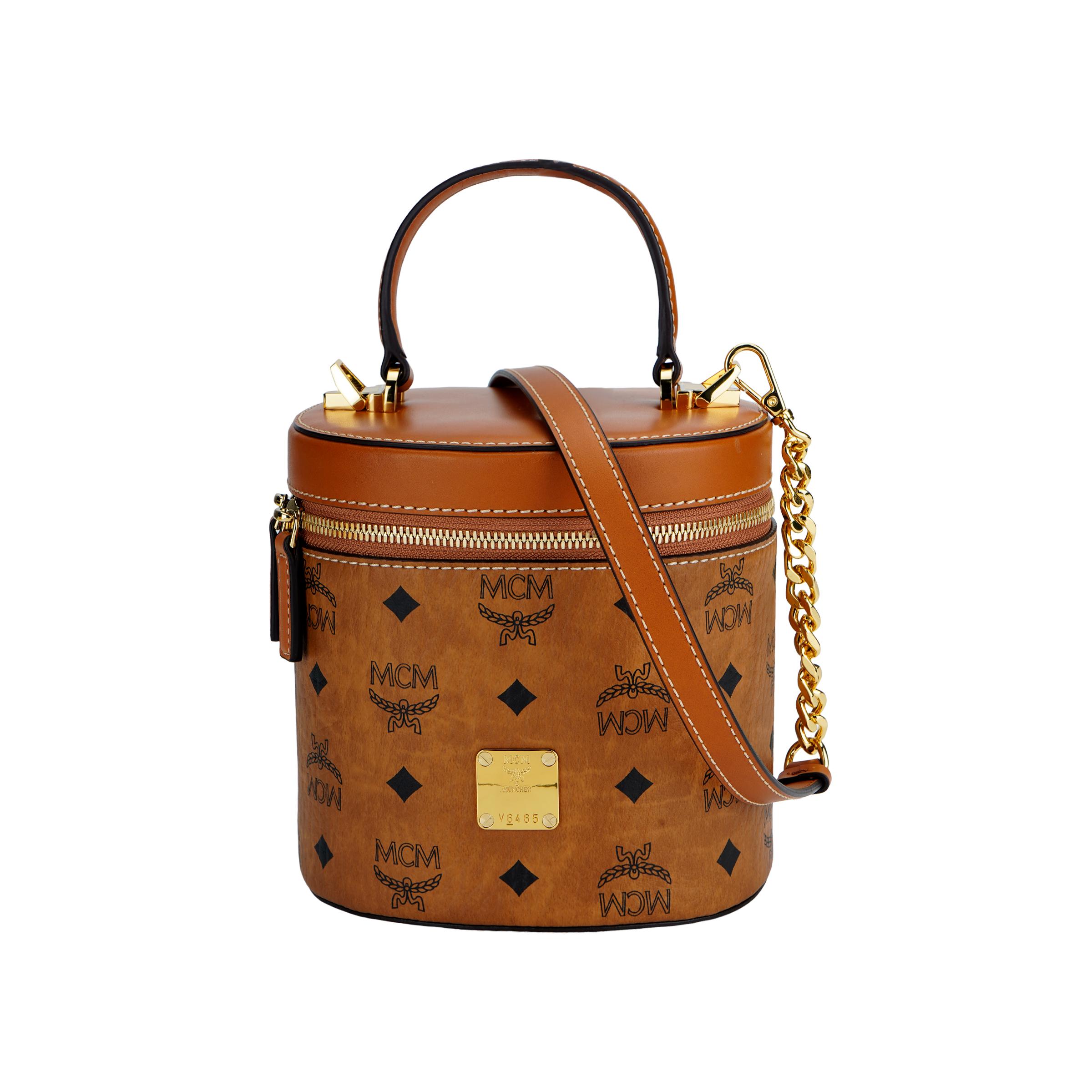 

New MCM Visetos Leather Cylinder Bag, One Shoulder Crossbody Bag, Shoulder Bag Trumpets Women s MWRAACG01CO001 16.0*14.0*16.0CM