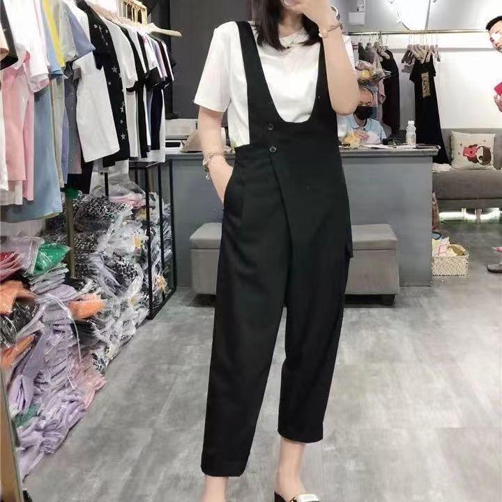Trendy Black Straight-Leg Draping Suspender Pants for Women - Slimming, Versatile, Casual Summer Style