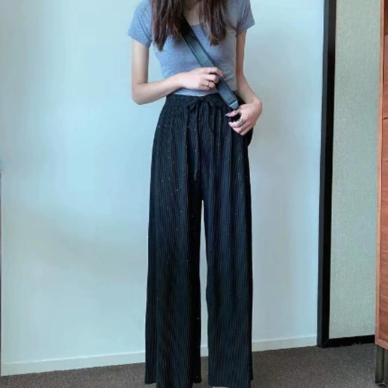 

1PC Wide Leg High Waist Drap Pants Fashion Sparkling Long Straight Tube Trousers All-match Women s Pleated Loose чорний