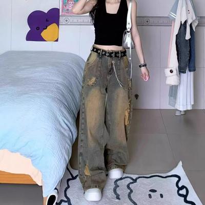 Washed Design Sense Niche Broken Hole Jeans Women Loose Large Yard Straight Straight Drag Floor Wide Leg Long Pants Jeans for Women Long Denim Pants