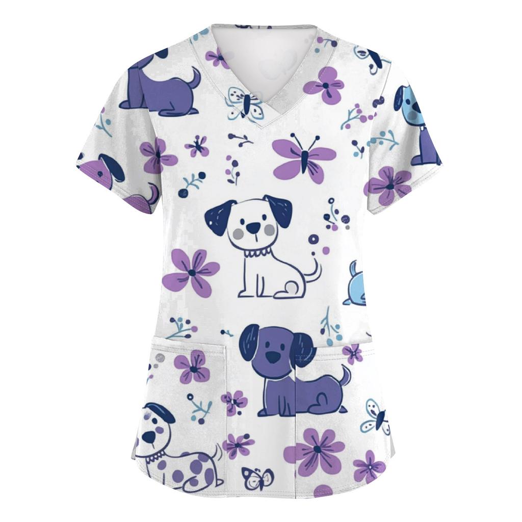 Women's Fashion Printed Short Sleeve V-Neck Top Small Pocket Work T-Shirt