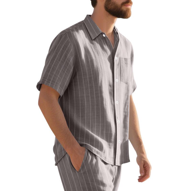 Linen Jacquard Shirt with Vertical Stripes Men's Collared Button-Down Loose-Fitting, Breathable Casual Short-Sleeved Shirt