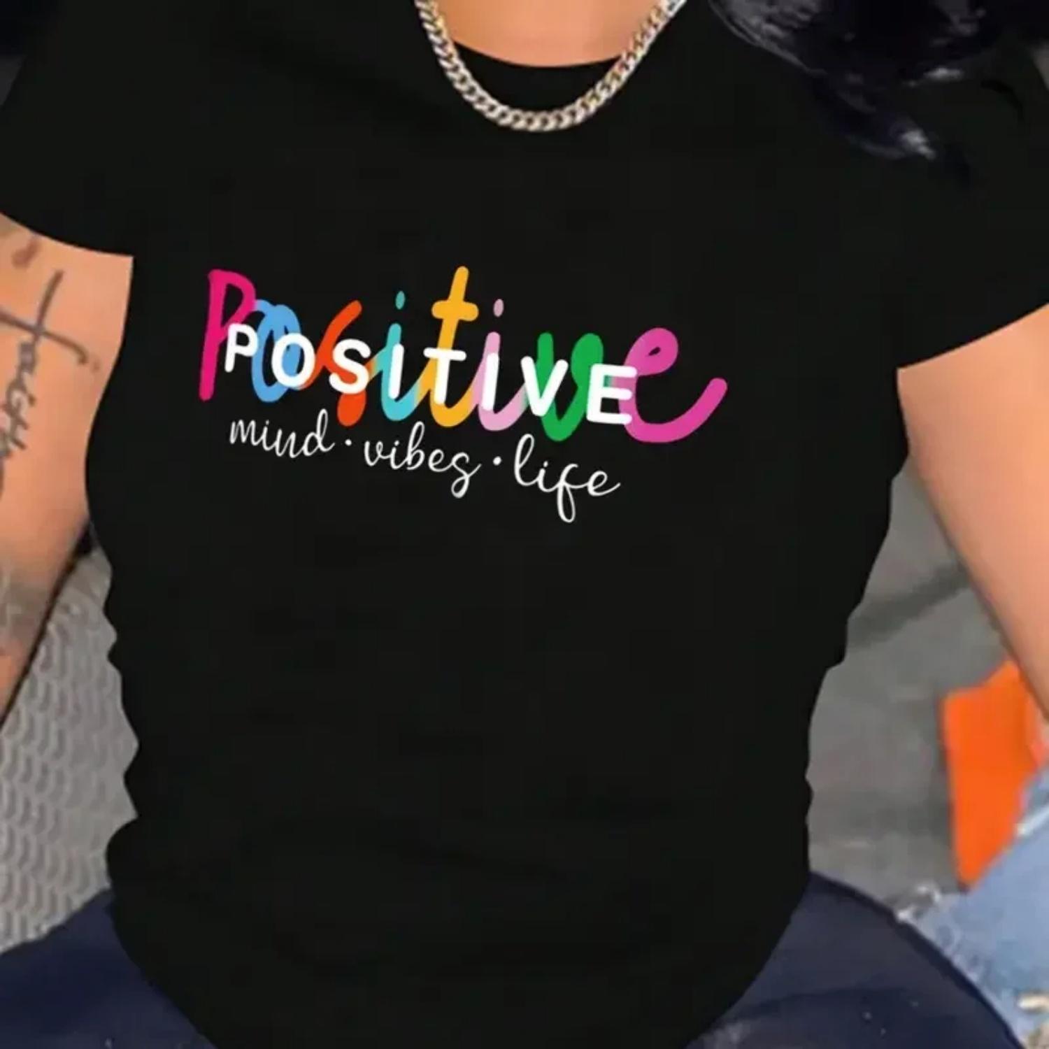 

Positive Letter Print Sports T-shirt Fashion Short Sleeve Round Neck Casual Top Women s Casual T-Shirt Creative O-Neck Woman Top S чёрный