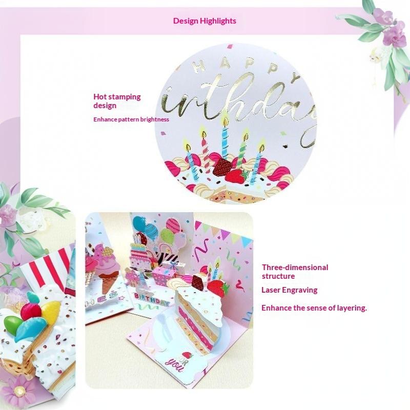 3D Up Happy Birthday Greeting Card Delicate Handmade Cake Design Foldable for Coworker Birthday Surprise Small Gift