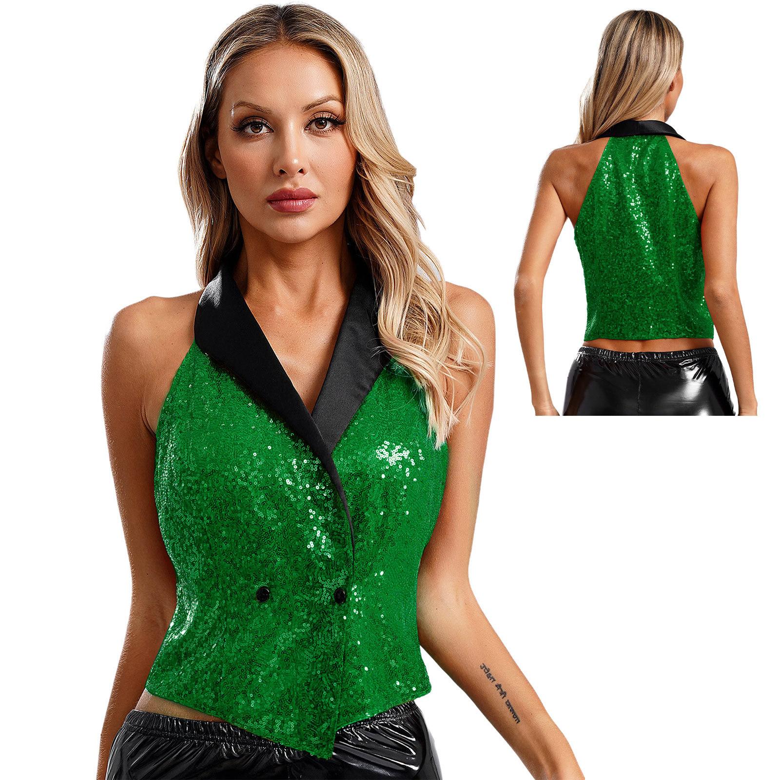 

Женские жилеты V-образный вырез Без рукавов Жилет Блестящие Пайеточные Костюмы Жилеты Клубная одежда Рейв Музыкальный Фестиваль Джаз Танцевальная Вечеринка Нарядные Топы S зелёный