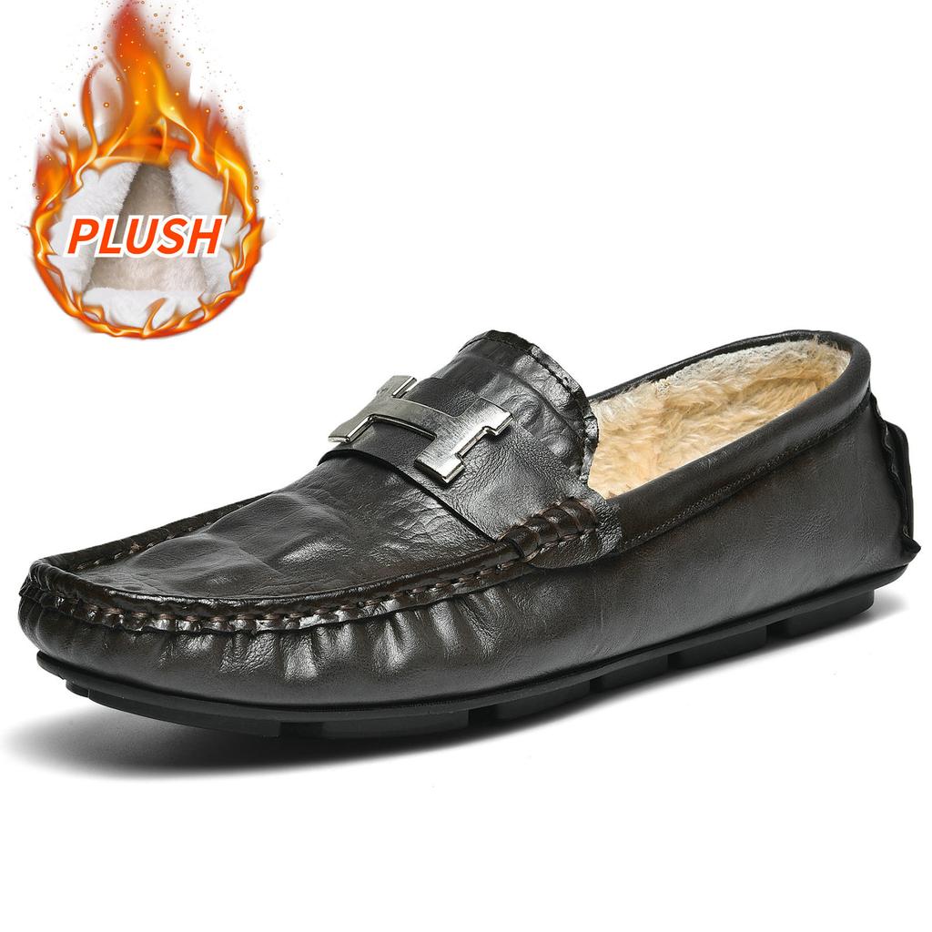 Winter warm velvet beanie shoes crocodile pattern lazy driving shoes British casual men's leather shoes genuine leather cowhide cotton shoes