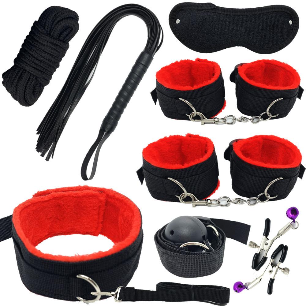 Sexy Nylon BDSM Kit Plush Sex Bondage Set Handcuffs Sex Game Whip Gag Nipple Clip Sex Toy