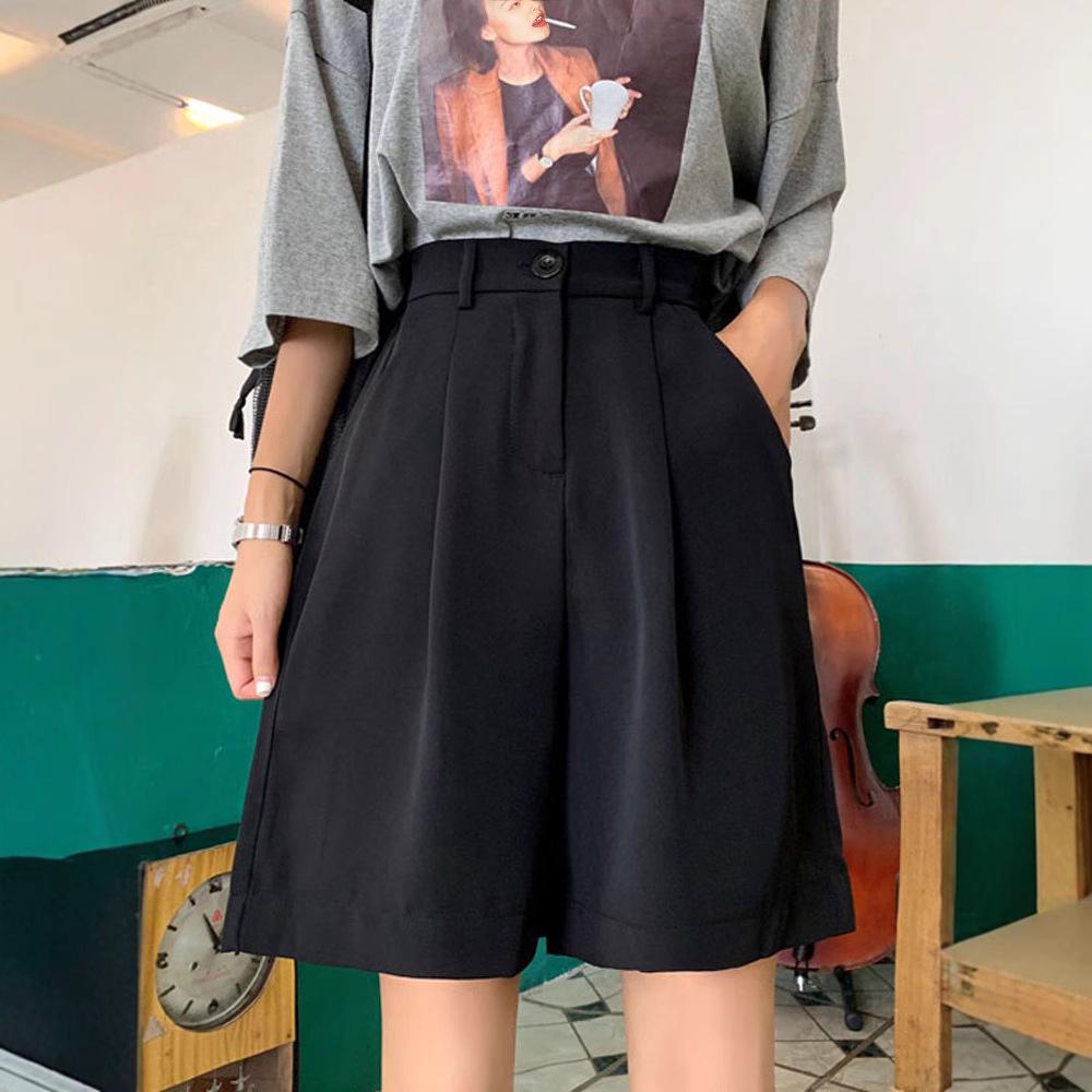 Damen Schwarze High Waist Locker Geschnittene Shorts im Koreanischen Stil mit Weitem Bein - Schlankmachende Frühling Freizeitkleidung