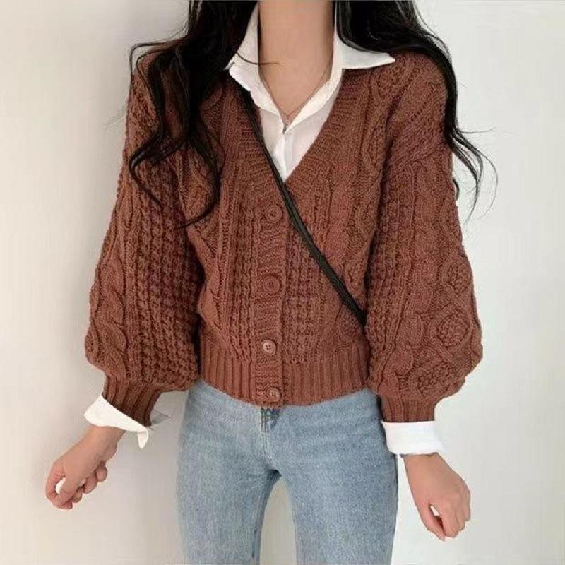 

Однотонный вязаный свитер с V-образным вырезом и перекрутом в стиле колледжа, осенне-зимнее пальто, мягкий ворсистый кардиган в ленивом стиле, повседневный 49-126 (average size)