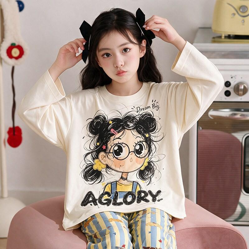100% Cotton Girls Long Sleeve Pajamas Set Cartoon Print Round Neck Sleepwear Kids 8 Years