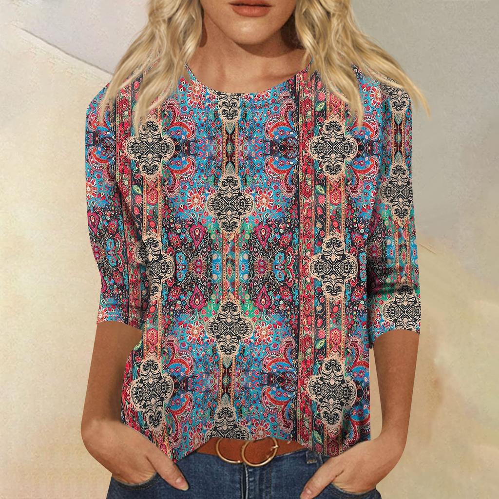 Women’s Casual 3/4 Sleeve Floral Pattern Printed Crew Neck Top Relaxed Fit Lightweight Pullover Blouse Shirt