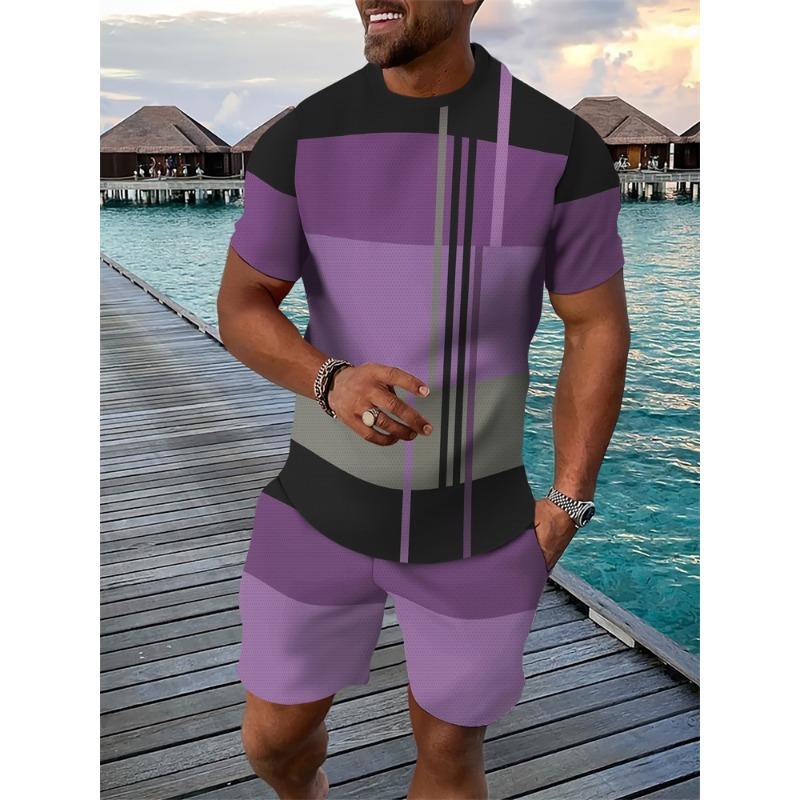 Summer Bestseller T-Shirt Set Color-Block Striped Short-Sleeve T-Shirt & Shorts Set Casual Outdoor Running Fitness Set