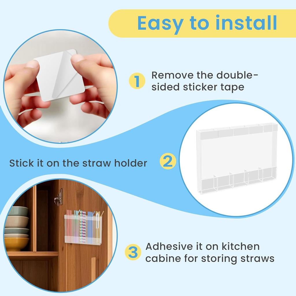 Acrylic Straw Holder for Cabinet, Reusable Straw Organizer with Double Sided Adhesive Tape Tumbler Straws Storage Container for Cupboard Drinking