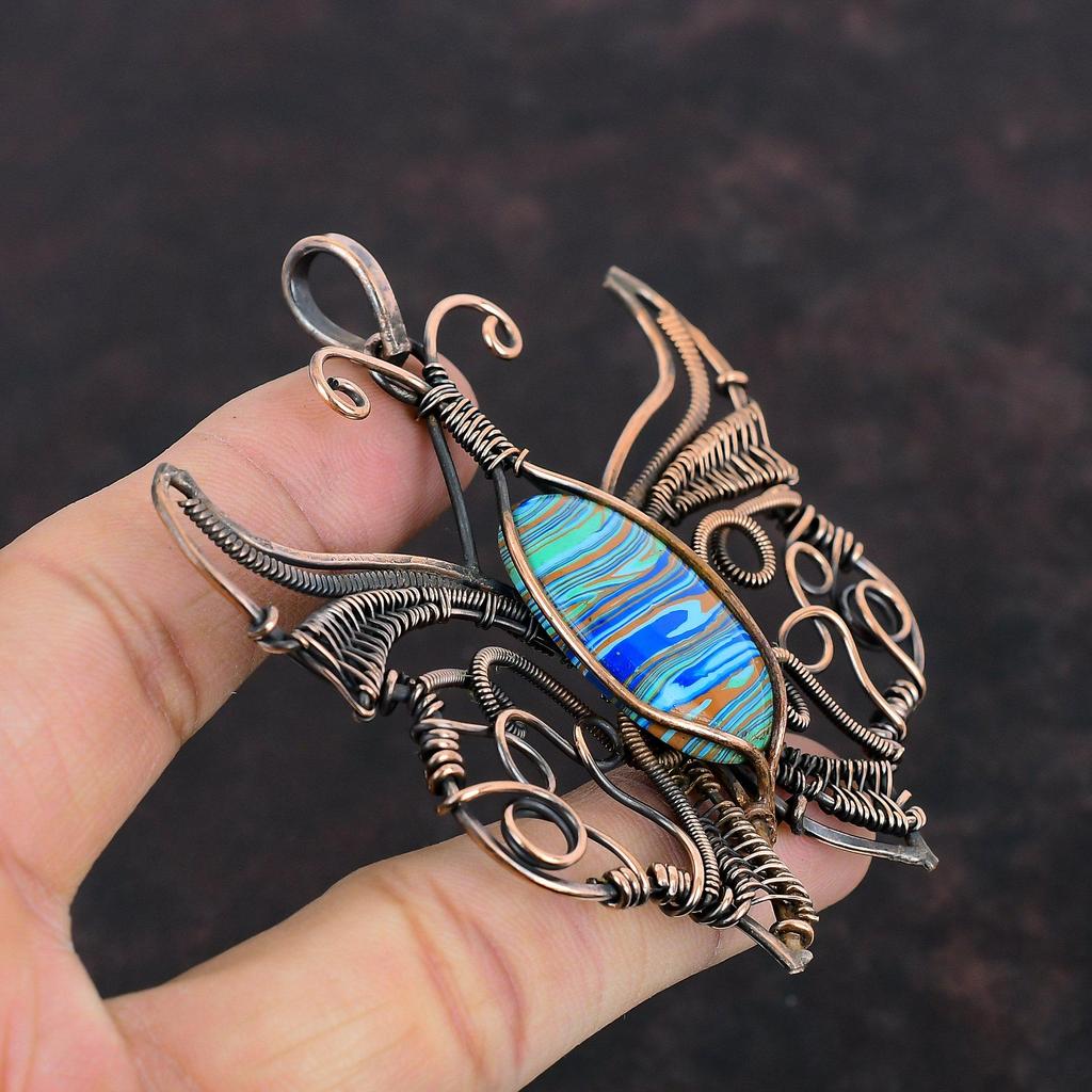 Rainbow Calsilica Pendant Copper Wire Wrapped Pendant Butterfly Pendant Gemstone Pendant Copper Wire Jewelry Gifts For Him Handmade Pendants