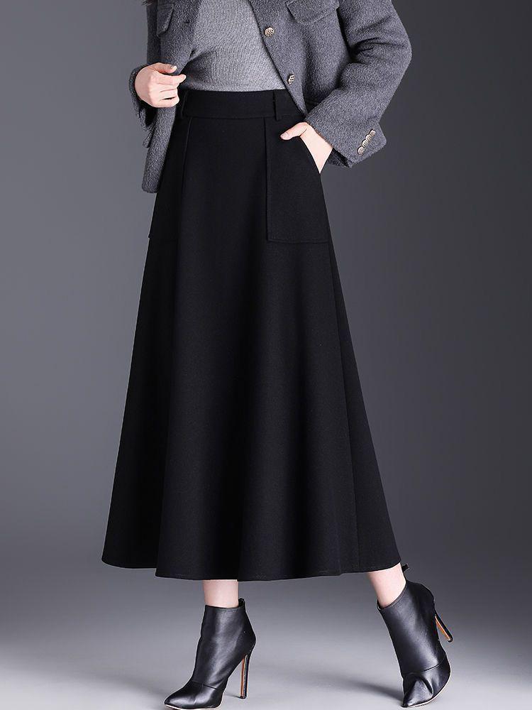 High-Waisted Wool A-Line Midi Skirt with Pockets for Autumn and Winter