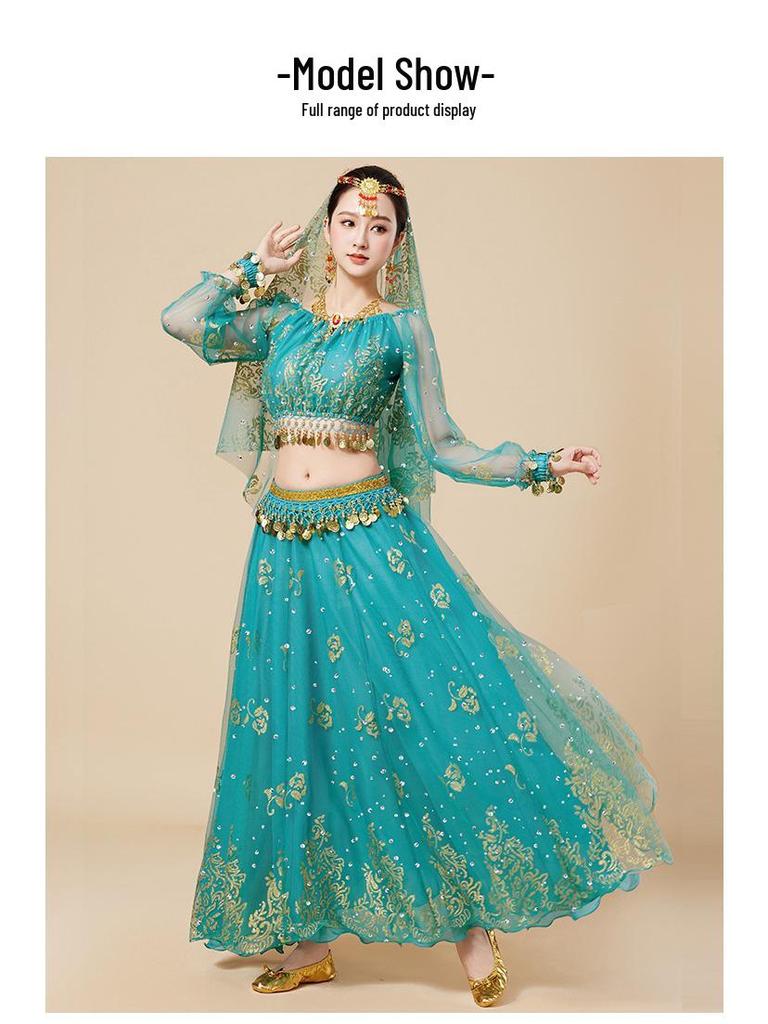 Fantasia de Apresentação de Dança do Ventre Indiana Huayu - Conjunto de Vestido de Manga Comprida de Chiffon para Mulheres