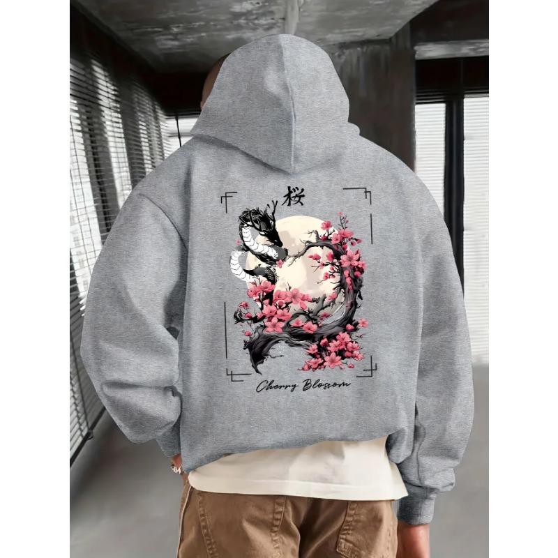 Men Vintage Hoodie Autumn Traditional Japanese Dragon Sakura Moon Frame Back Print Loose Asian Streetwear Pullover Sweatshirt