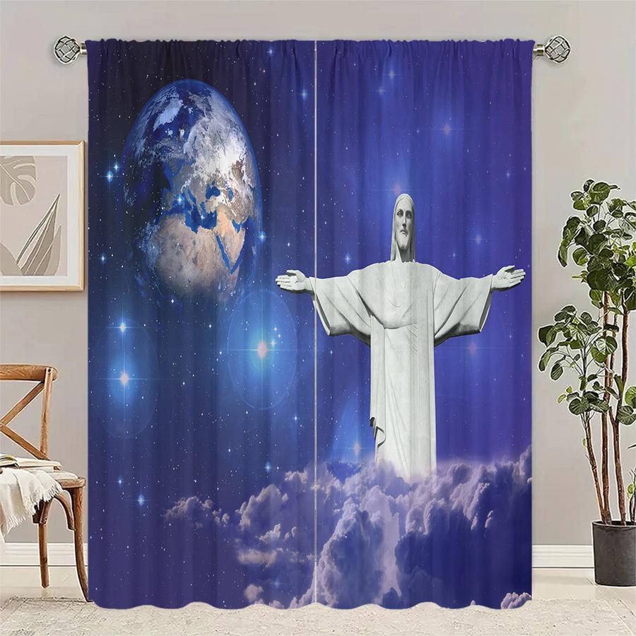 

Set Of 2 Earth Statues Print Curtains Suitable Bedroom Living Room Kitchen Decoration Home Window Curtain For Area Made Polyester W100*H70(CM)-Hooks&2PCS