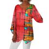 Women's V Neck 3/4 Sleeve Cotton Linen Tunic Top Loose Irregular Hem Bohemian Geometric Print Blouse