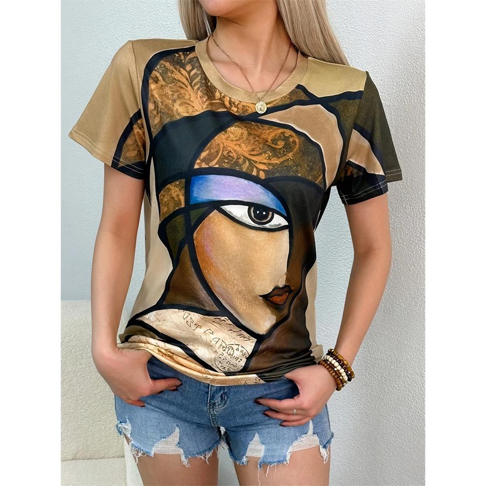 

Новая женская футболка, летний топ с коротким рукавом и принтом абстрактного лица, с круглым вырезом, женская футболка большого размера, свободного кроя. S