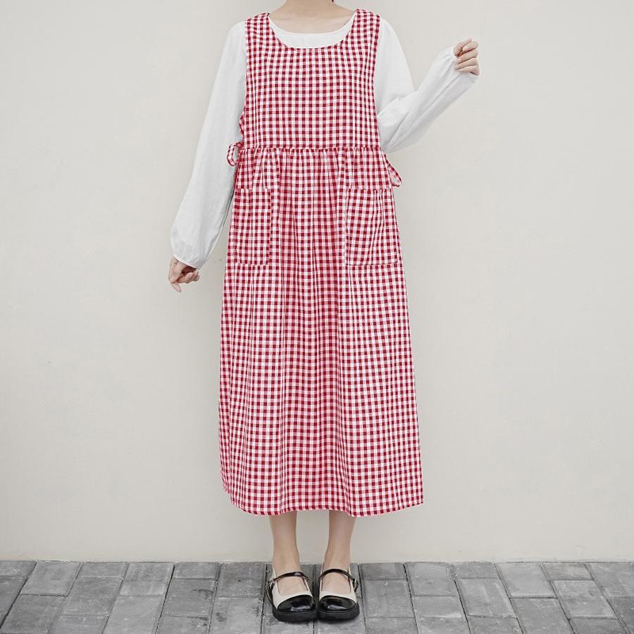 

Korean Fresh Cotton Plaid Apron Side Slit Tie Gardening Vintage Apron Flower Shop Coffee Shop Restaurant Baking Apron