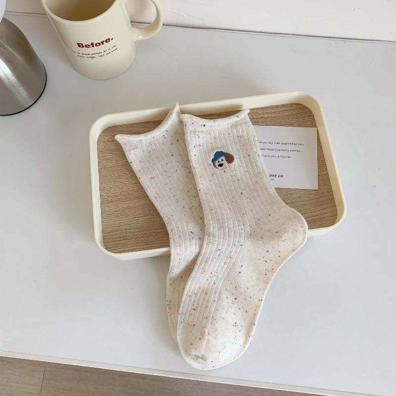 Spring and Autumn Lovely Cartoon Puppy Embroidered Socks - Children's Mid-length Socks with Trendy Rolled Edges and No Bones - Long Socks