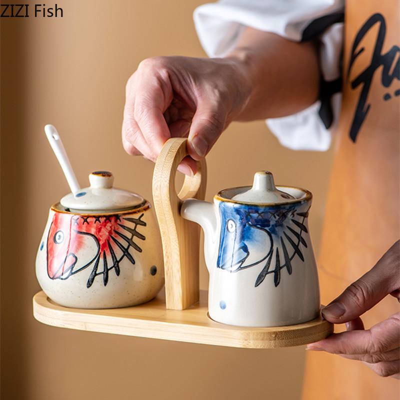 Creative Hand-painted Ceramic Seasoning Jar Set Soy Sauce Pot Kitchen Salt Sugar Pepper Storage Jar Home Condiment Spice Jar