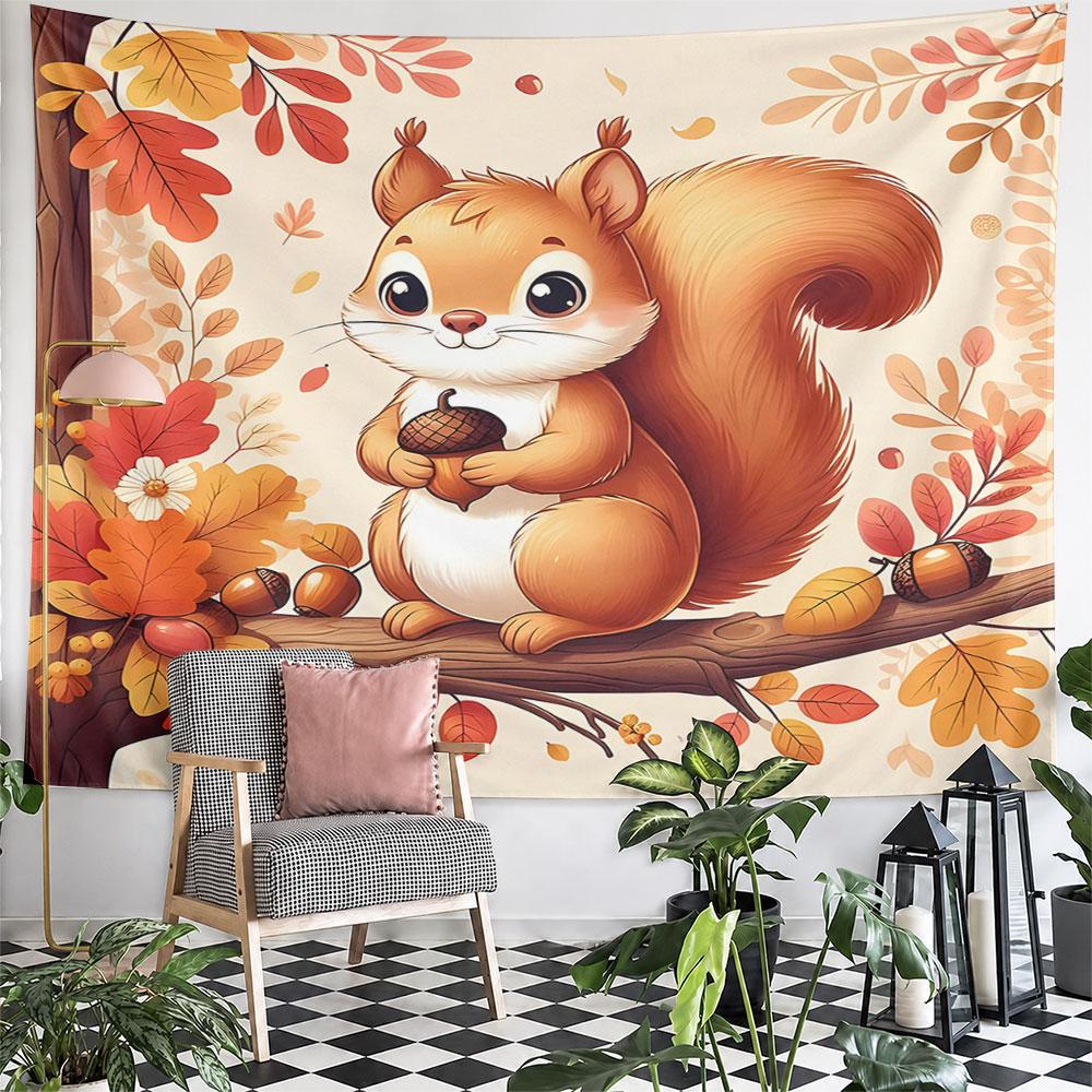 Cute Squirrel Holding Acorn In Autumn Scene Pattern Wall Hanging Tapestry Decorative Tapestry Home Decor for Bedroom and Living Room
