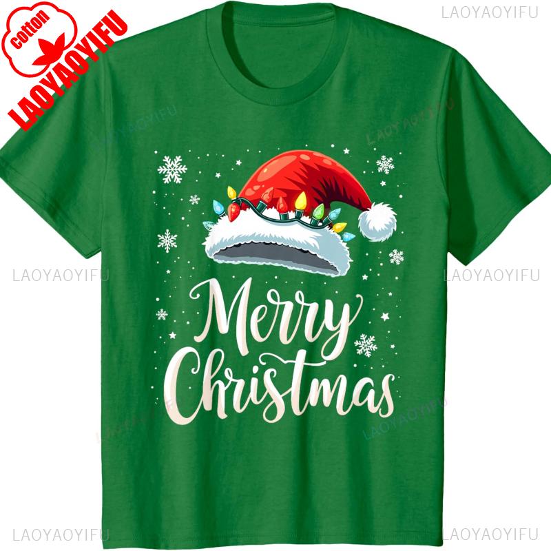 Red Santa Hat Christmas Tshirt with Christmas LightsMen and Women Crew Neck Short Sleeve Cotton Top Casual Fashion Comfortable