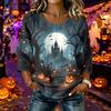 Women Casual Halloween Printed Round Neck Three Quarter Sleeve Linen Blend Top Lightweight Comfortable Autumn Blouse