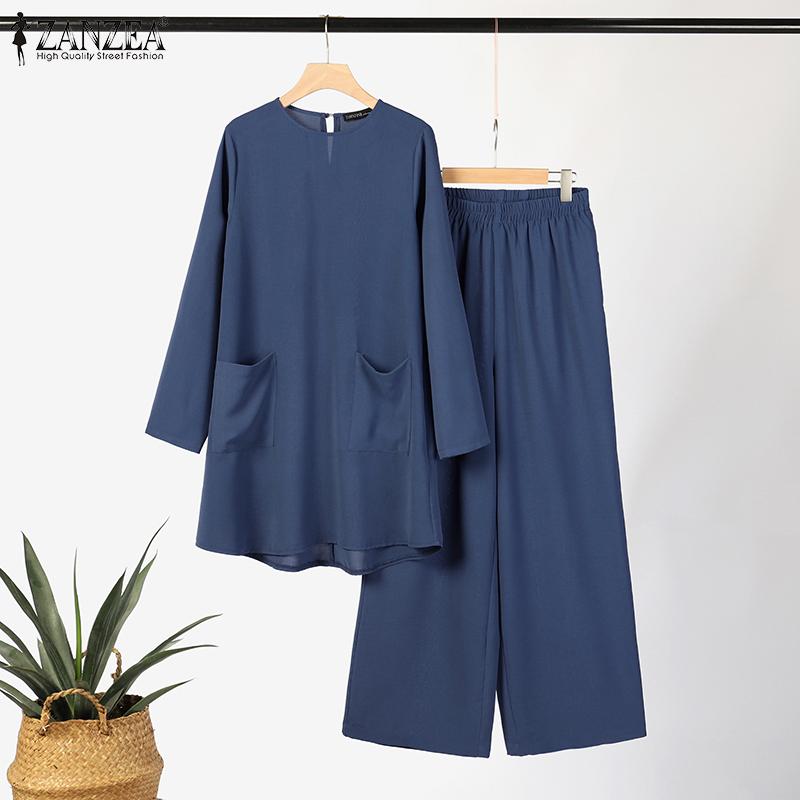 

ZANZEA Ретро наряды Женская блузка Брюки Костюм из двух предметов Повседневный комплект